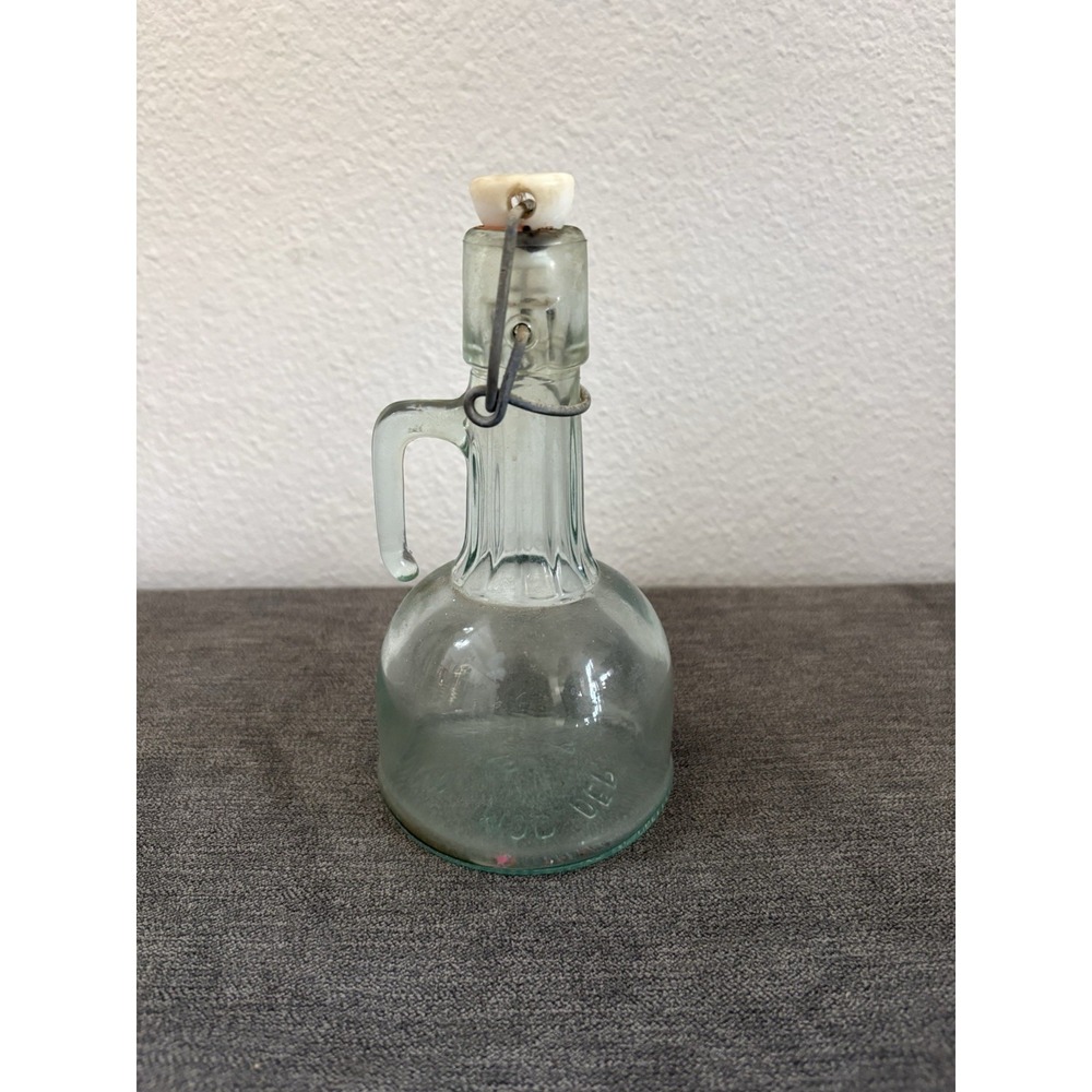 Vintage‎ Mod Dep VE Aqua Glass Bottle 250ml Stopper With Handle Read